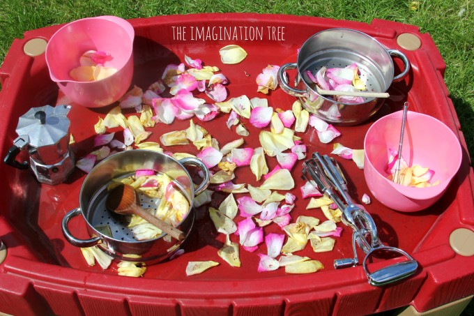 Invitation to play with cooking equipment and rose petals in water