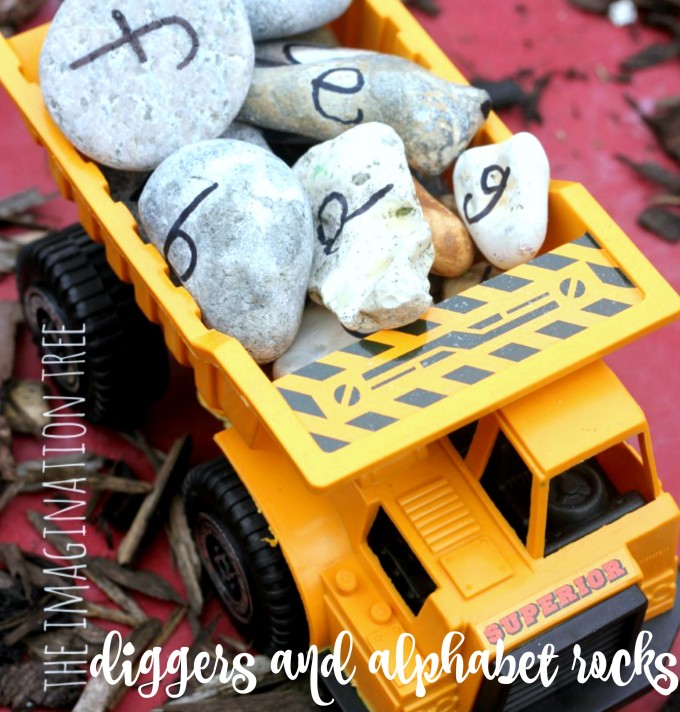 Diggers and alphabet rocks literacy play for preschoolers