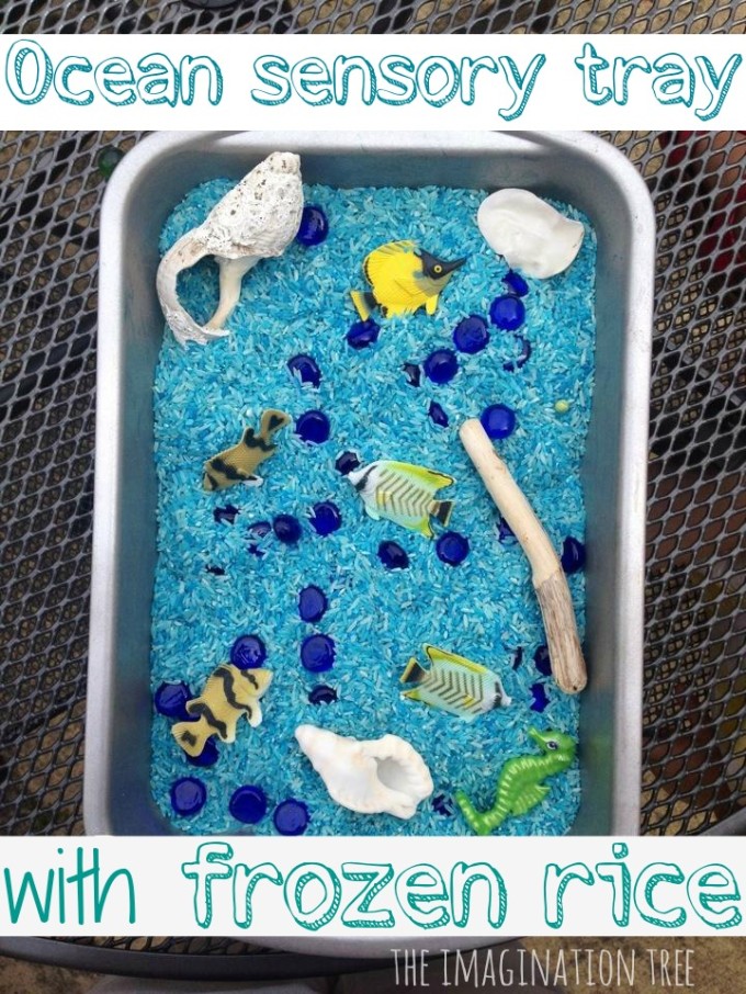 Seaside sensory play tray with frozen rice