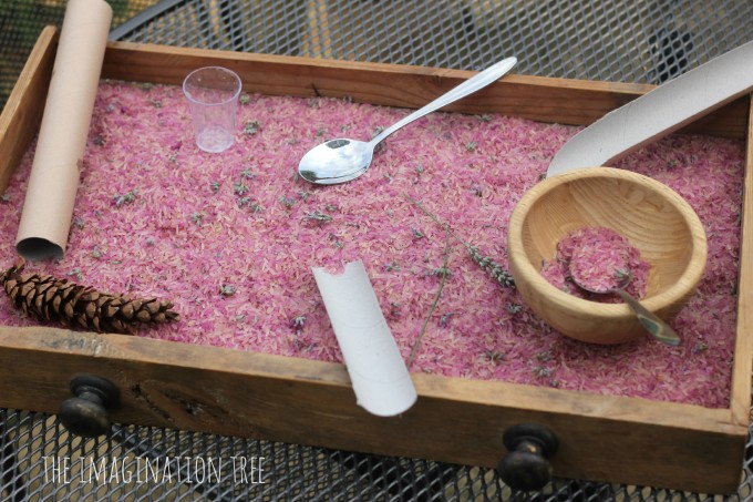 Invitation to play with lavender sensory rice