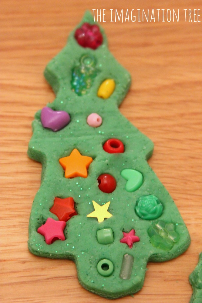 Play dough and beads christmas trees