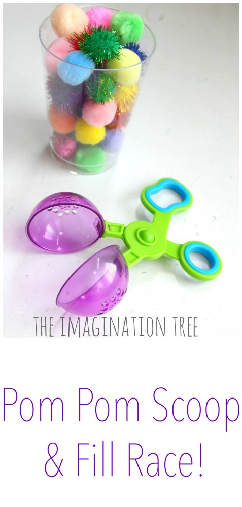 Pom pom scoop and fill race fine motor game for preschoolers