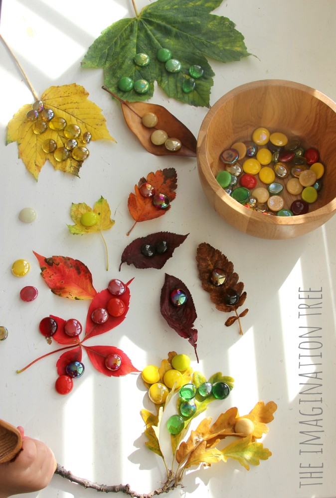 Coloured leaves and gems matching activity for kids