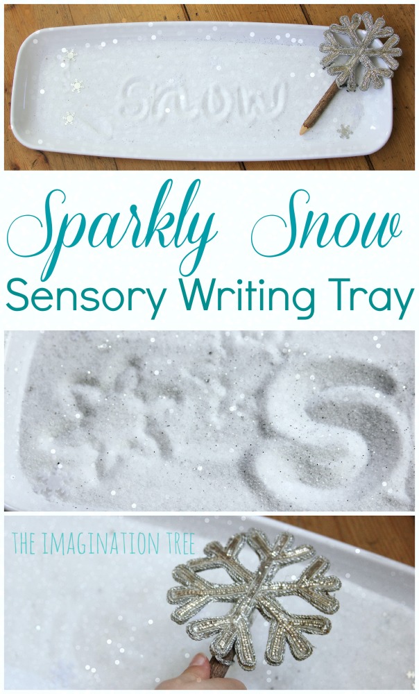 Sparkly snow sensory writing tray literacy activity