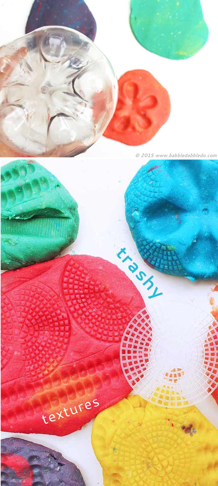 Here's a novel idea for play dough activities: use recycles as play dough toys. Recycled plastics have some amazing textures for kids to explore.