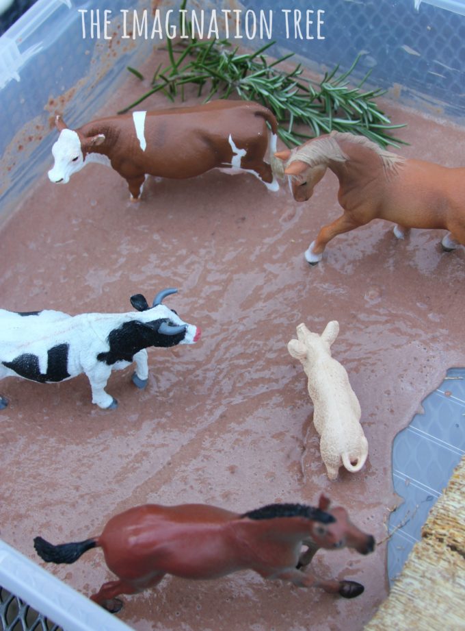 Toddler play fun with animals in the (chocolate) mud!