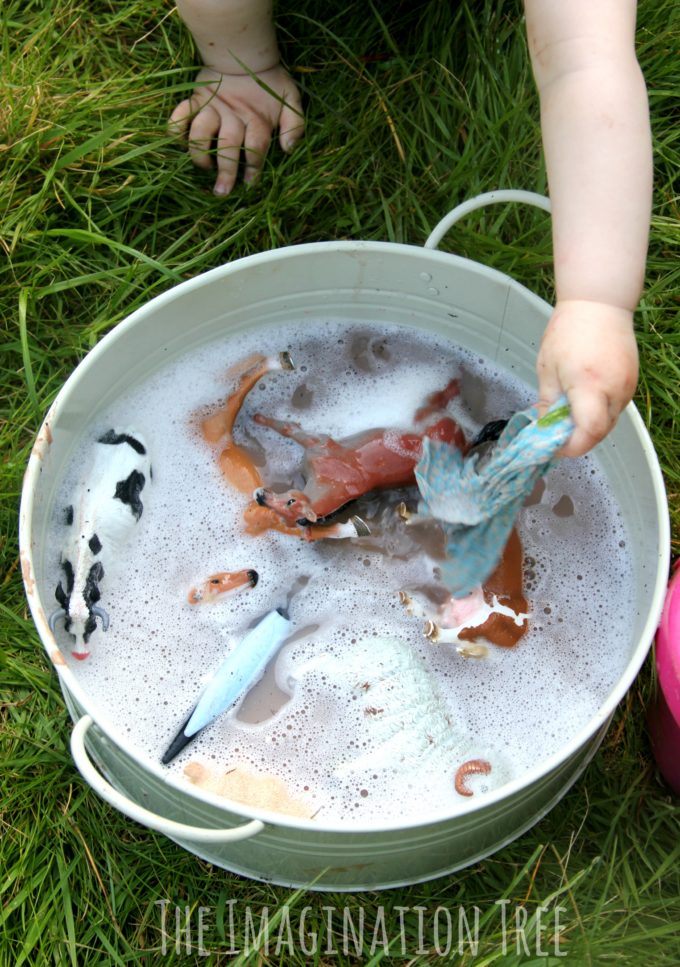 Washing the mucky farm animals sensory play for babies and toddlers!