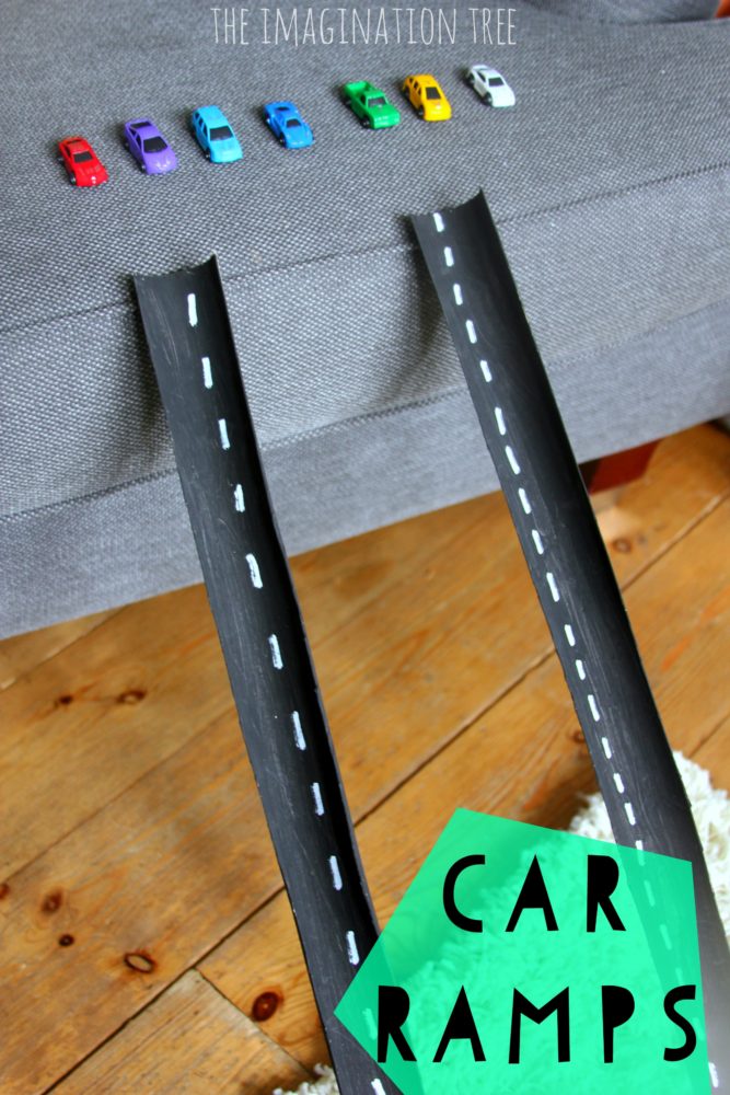 Cardboard tube car ramps for play!