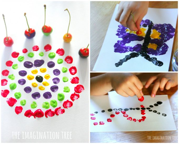 Printing with cherries dot painting art for kids!