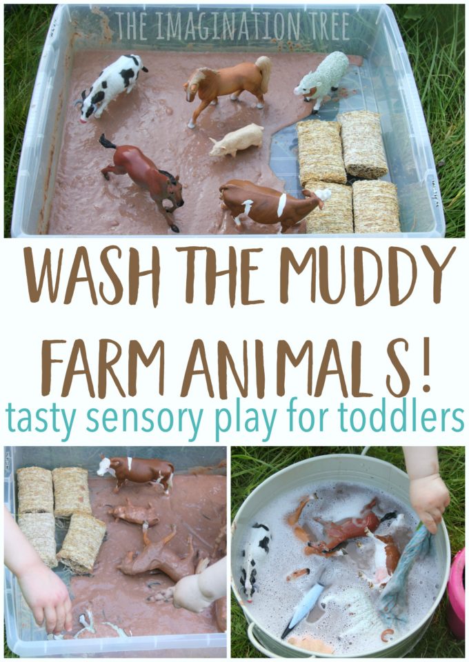 Wash the muddy farm animals sensory play for babies, toddlers and preschoolers! This is taste-safe and so much fun for messy play times!