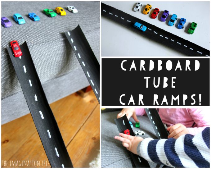 DIY cardboard tube car ramps and roads activity for kids